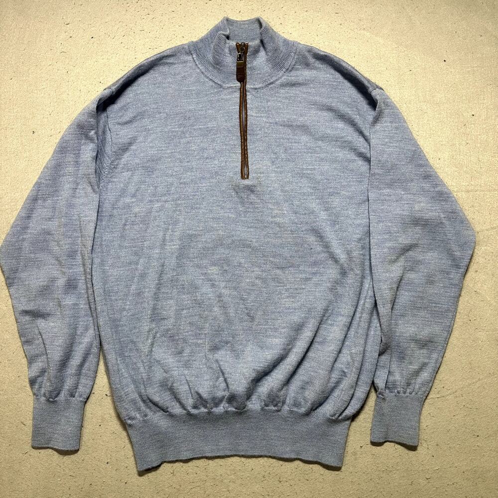 Orvis Trout Bum Quarter Zip Sweater Men's Large Baby Blue Merino Wool Mock Neck